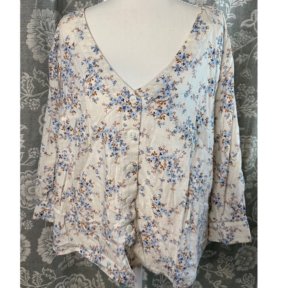 Zapelle cream blue floral button front blouse cottagecore lightweight top